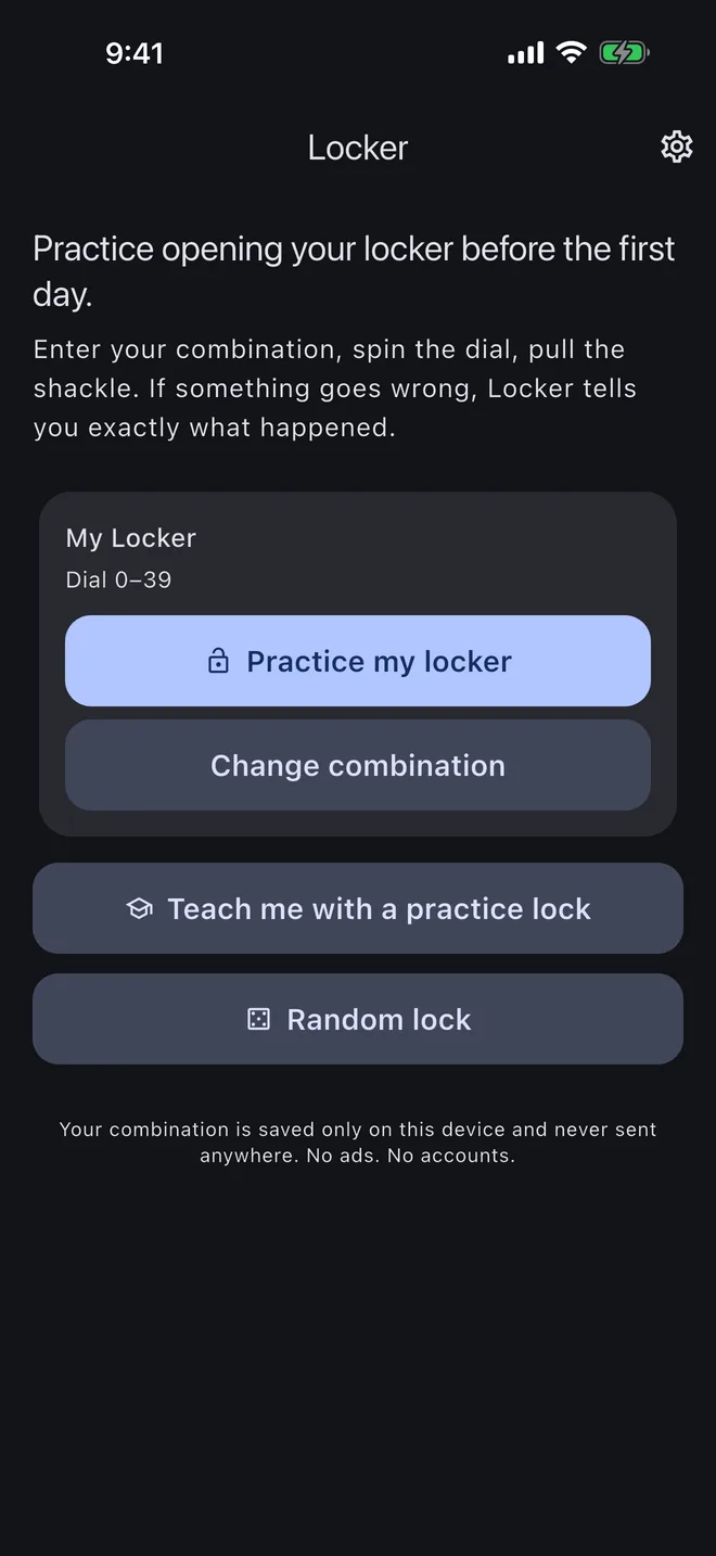 Locker app home screen with practice options