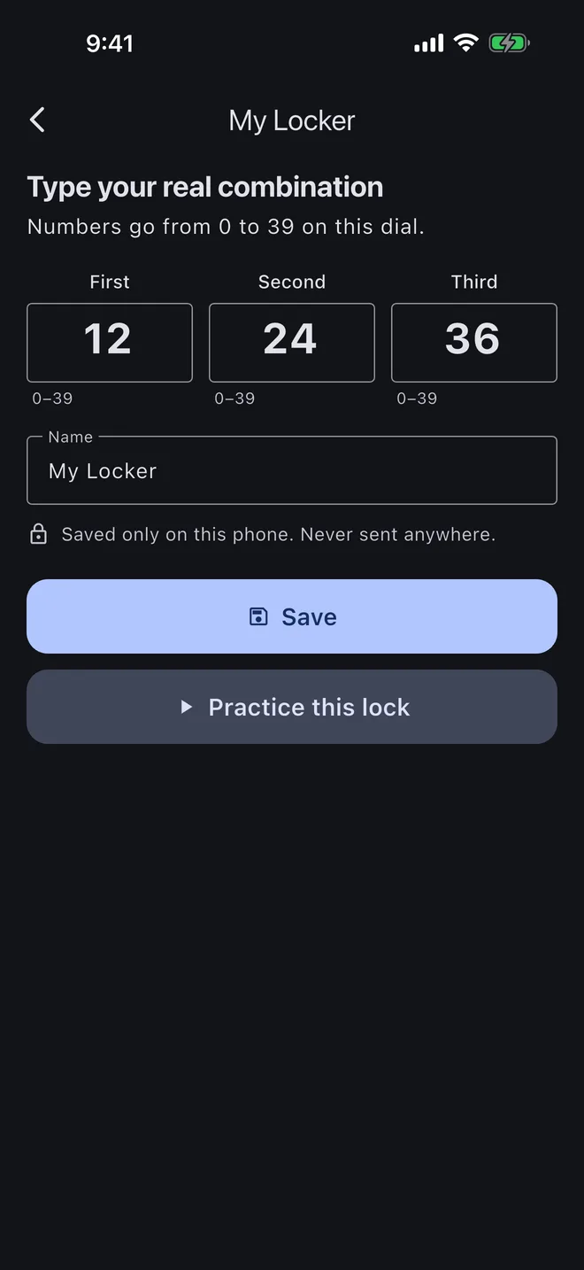 Form for saving a locker combination privately on an iPhone