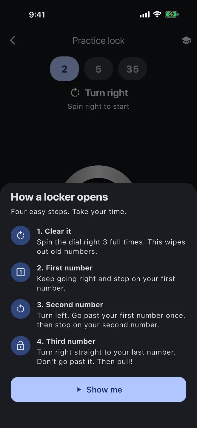 Teach Me guide explaining the four steps for opening a combination lock