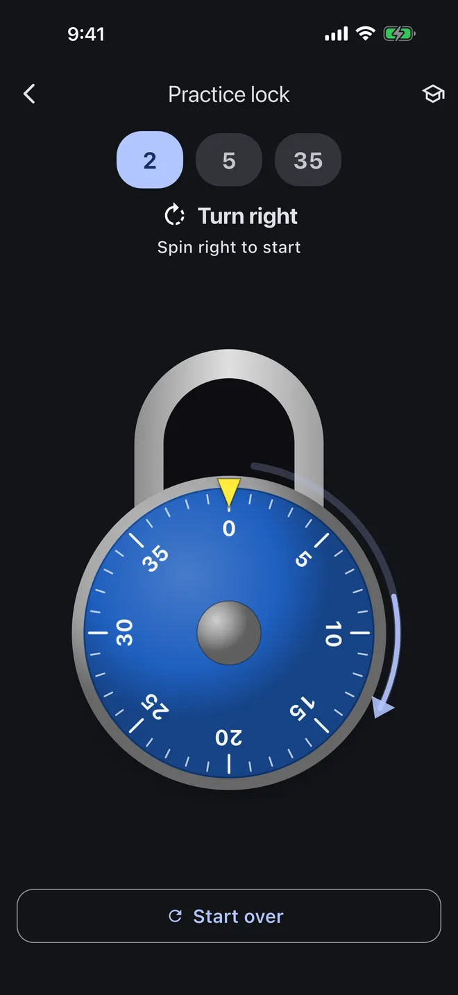 Interactive blue combination lock dial in the Locker app