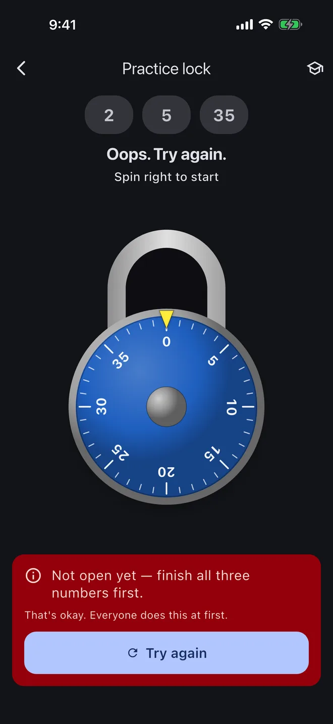 Locker app explaining in plain words that the lock was pulled too early