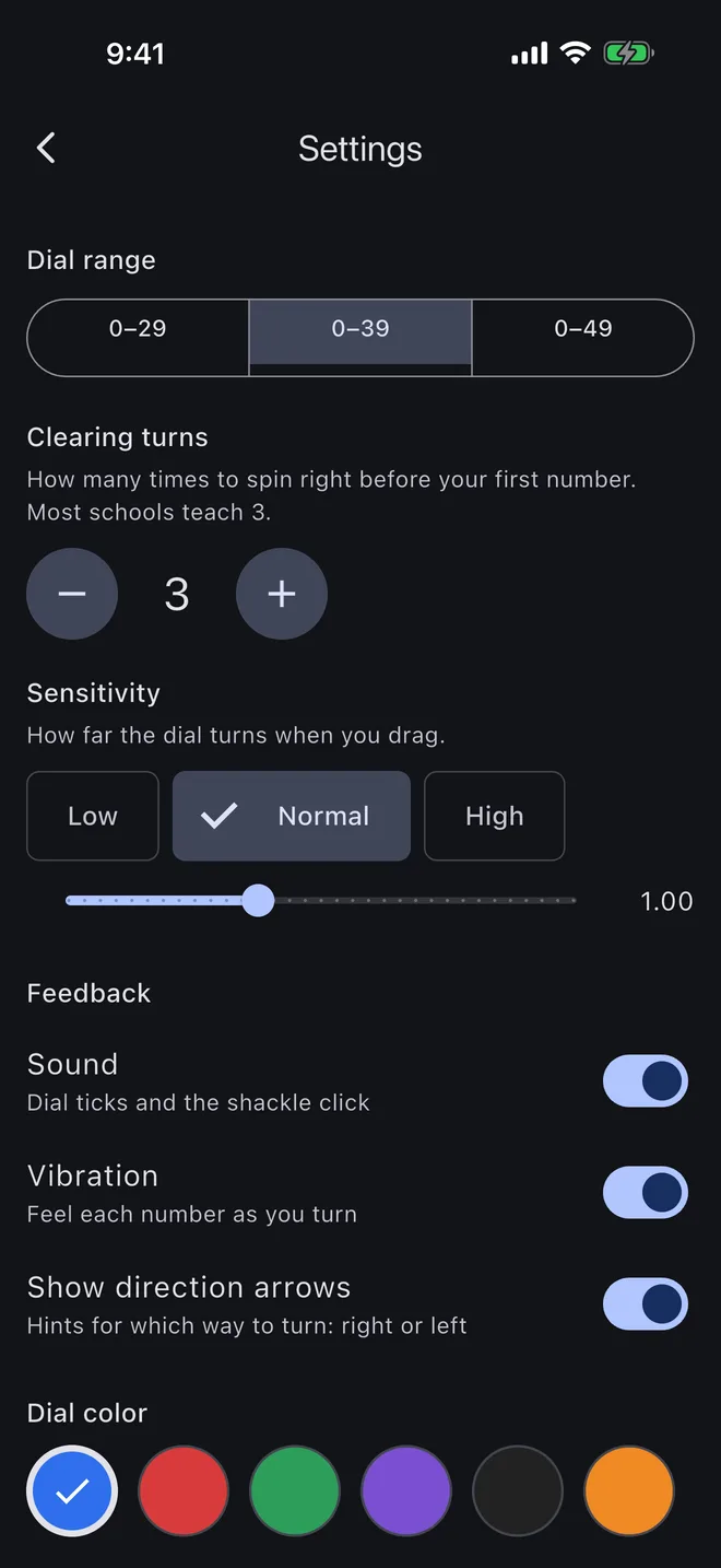 Locker app settings for dial range, size, sensitivity, sound and appearance